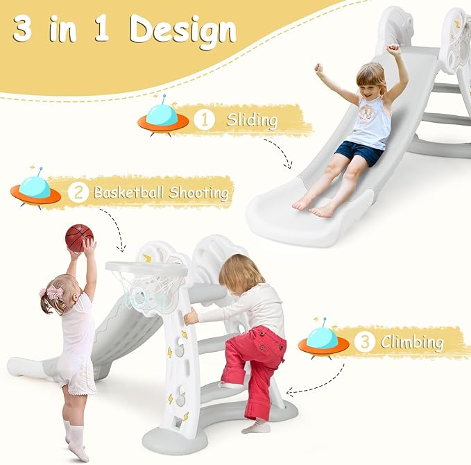 INFANS Toddler Slide, 4 in 1 Indoor Kids Slide Wave Slideway Max Load 330lb for Age 18+ Months with Basketball Hoop Ball, Outdoor Climber Freestanding Playset, Sturdy Plastic Playground Toy