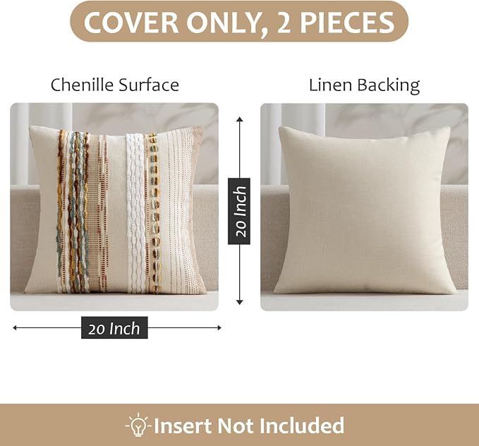 ANRODUO Decorative Boho Pillow Covers Orange White 20x20 Inch Pack of 2 | Throw Pillow Covers, Farmhouse Striped Pillow Covers, Chenille Tufted Pillow Cases, Neutral Pillowcase for Living Room Couch