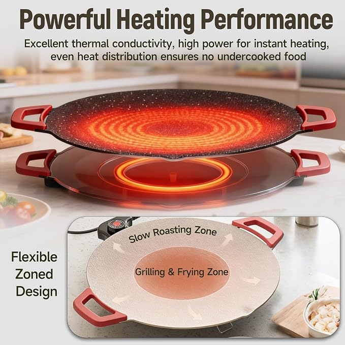 Generic 1500W Electric Korean BBQ Grill, 16 Inch Smokeless Non-Stick Electric Comal, Multifunctional Comal Electrico for Indoor Tortilla Cooking & Grilling, with Oil Brush & Food Tongs. (28cm)