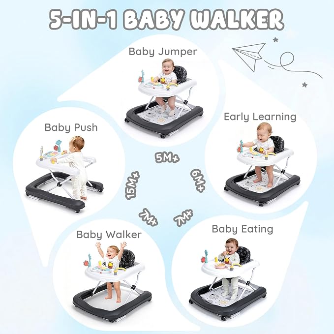 Baby Walker with Wheels, 5-in-1 Foldable Push Walker for Baby Boys 6-12 Months, Baby Walker & Bouncer Combo, Adjustable Height, Music Light Infant Activity Center Bouncer Walker(Black)