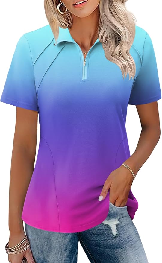 LOMON Womens Golf Polo Shirt Summer Short Sleeve Quarter Zip Outfit | Side-Pockets,Princess Seams,Cotton,Wrinkle Free,Moisture Wicking,Quick-Dry,Lightweight,Collared,for Tennis Workout