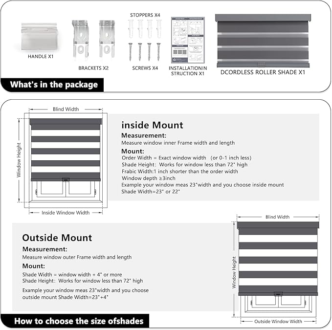 AOSKY Cordless Zebra Blinds for Windows Pull Down Roller Window Shades Dual Layer Light Filtering Privacy for Day and Night, Free-Stop Door Shades for Home Easy to Install (39" W X 72" H, Grey)
