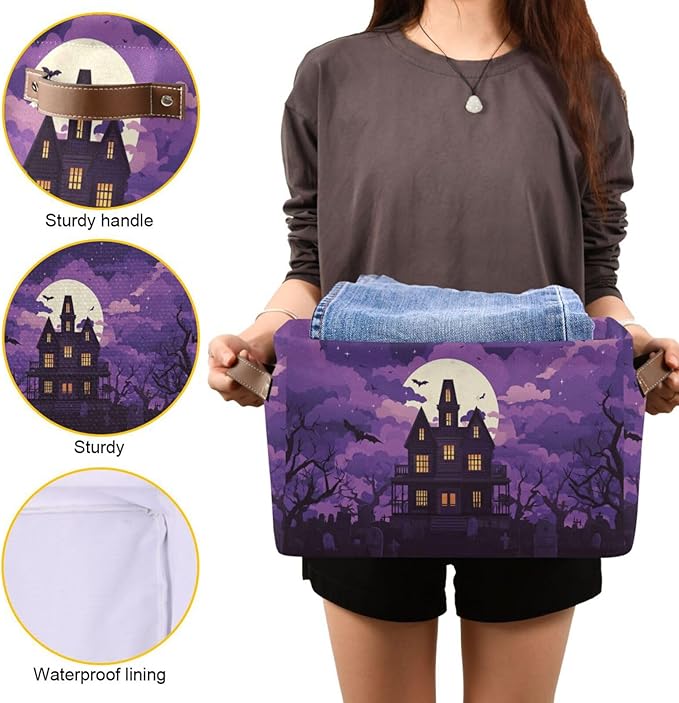 Aslsiy Storage Basket Spooky Castle Halloween Moon Nursery Bins Purple Baby Box Canvas Clothes Shelf Basket Laundry Hampers 2 Pcs