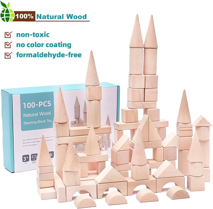 Kids Wooden Blocks - 100 Pcs - Building Blocks for Toddlers - Natural Beech Wood Blocks - Preschool Learning Toys Stacking Block