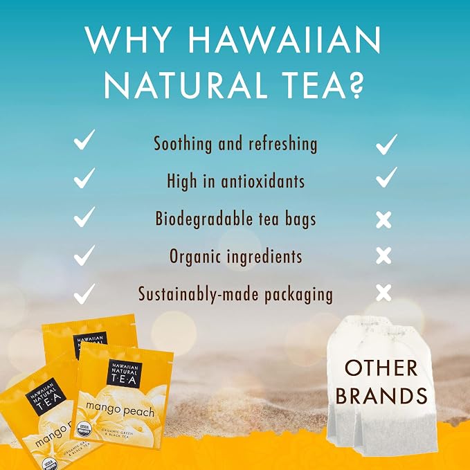 Hawaiian Natural Tea Mango Peach Flavored Organic Tea - Tropical Fruit Green and Black Tea Blend - Perfect Daily Cup & Gift for Special Occasions - 20 Tea Bags