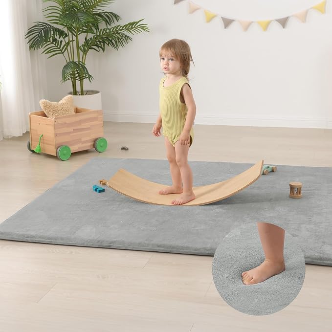 Baby Play Mat for Floor,Extra Large 79"×118" Playroom Mat,Thicker Memory Foam Classroom Mats,Water Repellent Ultra Soft Coral Velvet,Non-Slip Backing Safe for Crawling(Light Grey)