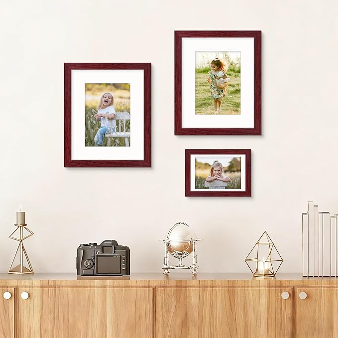 Picrit 8x10 Picture Frame Set of 12, Display 5x7 with Mat or 8x10 without Mat, Photo Frames for Wall Mounting or Table Top Display, Dark Red Wood