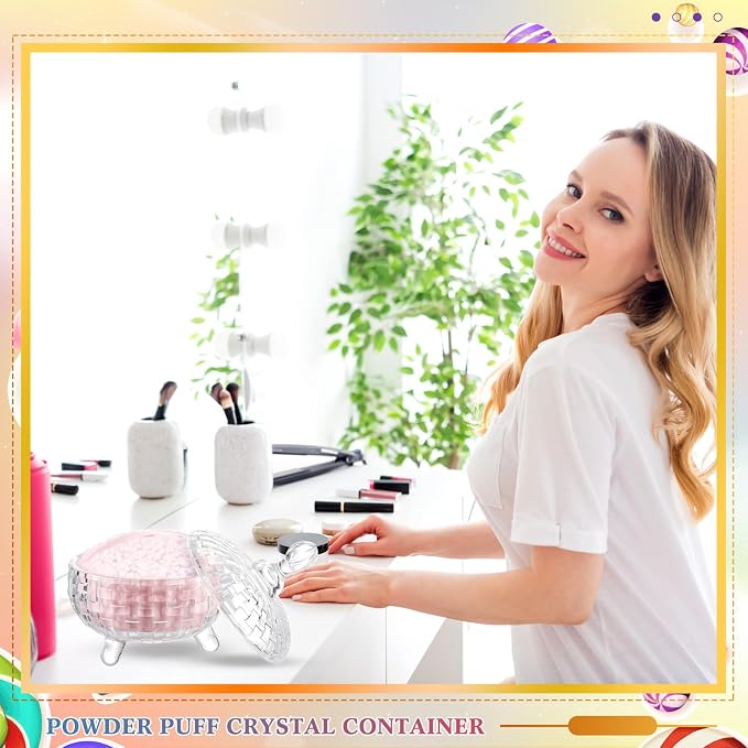 Tioncy 2 Pcs Extra Large Dusting Powder Puff and Container for Women-6'' Glass Crystal Dusting Powder Container with Body Soft Washable Reusable Velour Face(Clear,Weave Design)