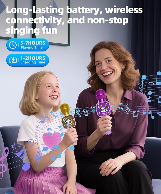 Bluetooth Karaoke Microphone Toy for Kids - Mini Portable Speaker with LED Lights, Wireless Pairing (TWS) for Duet Singing, Christmas Birthday Gift Toys for Boys & Girls Ages 2-12 (black - 1)