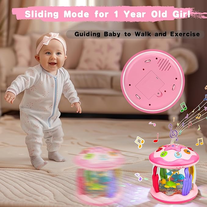 Avesa Baby Toys 6-12 Months Girl Gifts: Babies Ocean Rotating Light Up Musical Toys for Toddlers 1 2 Year Old Crawling Learning Infant Toy 6 7 8 9 10 11 12 Months Old Baby Girl Gift (Pink)