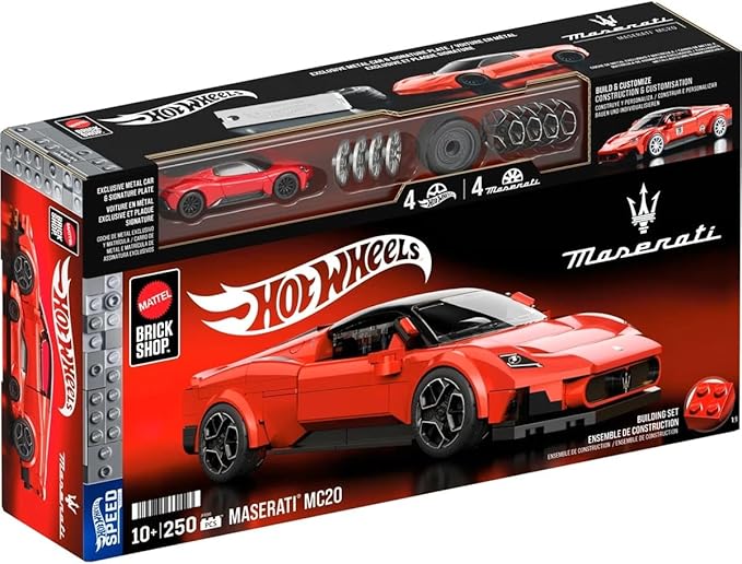 Hot Wheels 1/32 Maserati MC20 Building Kit, 250 Pieces, Includes 1/64 Mini Car, Hot Wheels Mattel Brick Shop