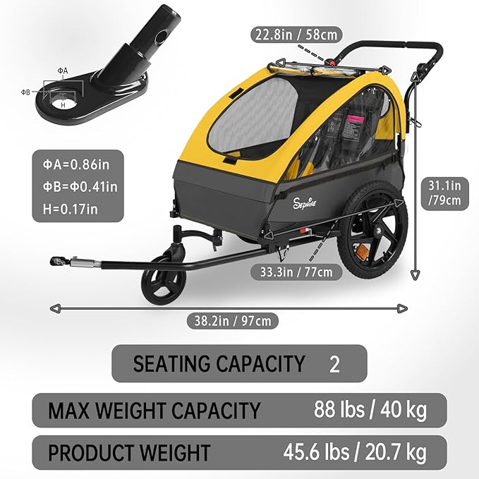 Sepnine Kids Bike Trailer, 2 in1 Canopy Carrier Converts to Stroller Suitable for 1 to 2 Kids, 12+ Months, Quick Attach to Bike, Foldable, with 5-Point Harness and Storage Bags