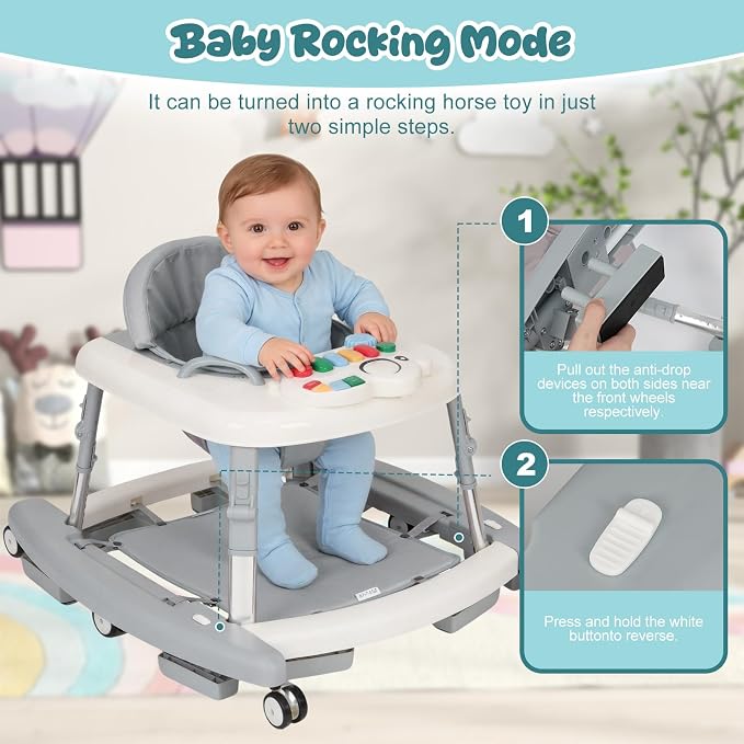 5-in-1 Baby Walker for Boys and Girls Music and Lights 6-18 Months, Foldable Baby Walkers with 5 Adjustable Heights, Infant Toddler Walker with Wheels and Combo Portable（Grey）