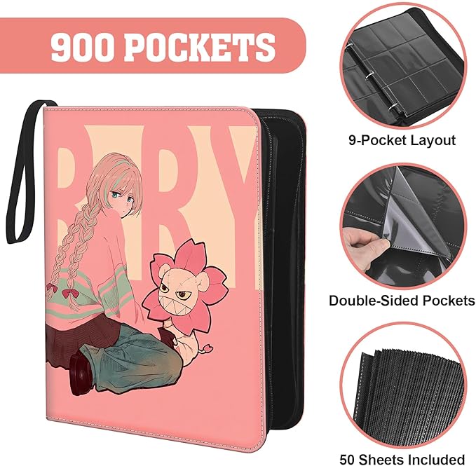 Trading Card Binder Album, 900 Pockets, 3-Ring Refillable with 50 Double-Sided 9-Pocket Sheets, Fits 2.5"x3.5" TCG & Sports Cards, Acid-Free, Zippered PU Cover, Cherry Anime Design