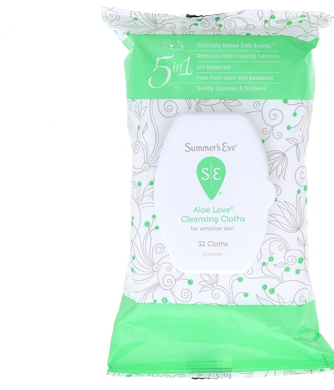 Summer’s Eve Aloe Love Gentle Daily Feminine Wipes, Removes Odor, pH balanced, 32 Count, (Pack of 2)