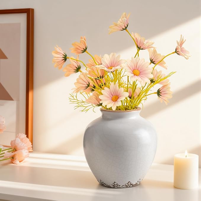 Ceramic Flower Vase Home Decor, 6.2 inch Farmhouse Rustic Vintage Decorative Vases, Pottery Terracotta Boho Flowers Vases for Dining Table, Living Room, Shelf, Kitchen, Bedroom (6.2"-Beige)