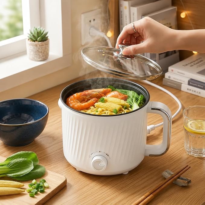 1.6L Nonstick Personal Electric Hot Pot with Steamer Basket & Clear Glass Lid, 300W/600W Electric Ramen Cooker for Dorms, Apartments & Offices, Noodles, Soup, Oatmeal, Pasta, Shabu-Shabu & Boiled Eggs