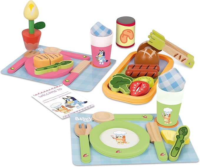 Bluey - Dine in with Bluey Set, 32-Piece Wooden Toy Set with Magic Asparagus, Plates, Utensils & More, Perfect for Role-Play & Imaginative Fun, FSC-Certified, Suitable for 3 Years & Up