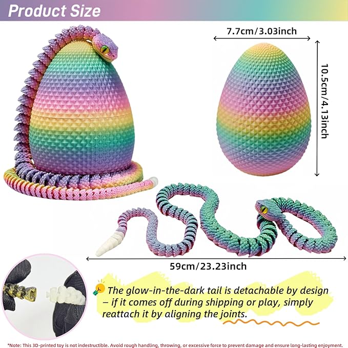 3D Printed Snake with Egg Set - 23.23Inch Rattlesnake with Luminous Tail, 3D Printed Animal with Snake Inside, Fake Snake Fidget Toys for Kids & Adults, Hallowen Decor (Rainbow Color)