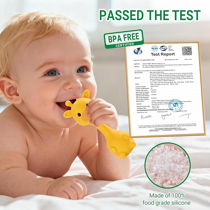 Giraffe Silicone Baby Teether Rattle Toy for 0-6 6-12 Months, BPA-Free Infant Teething Toy with Rattle Sound, Easy-Grip Design for Teething Relief (Mango)