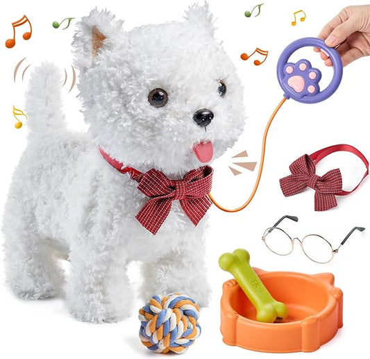 Electronic Dog Toy Pet with Leash, Remote Control Interactive Robot Dog, Dress Up Plush Puppy with Walking, Barking, Tongue Licking, Tail Wagging, Walking Puppy Toys for Age 3+ Kids