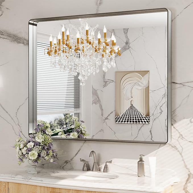 LOAAO 48x40 Inch Brushed Nickel Bathroom Mirror, Rounded Rectangle Silver Metal Frame Mirror, Brushed Nickel, Anti-Rust, Shatter Proof, Hangs Horizontally or Vertically | Rounded Rectangle, Silver Metal Frame, Anti-Rust, Tempered Glass, Hangs Horizonta...