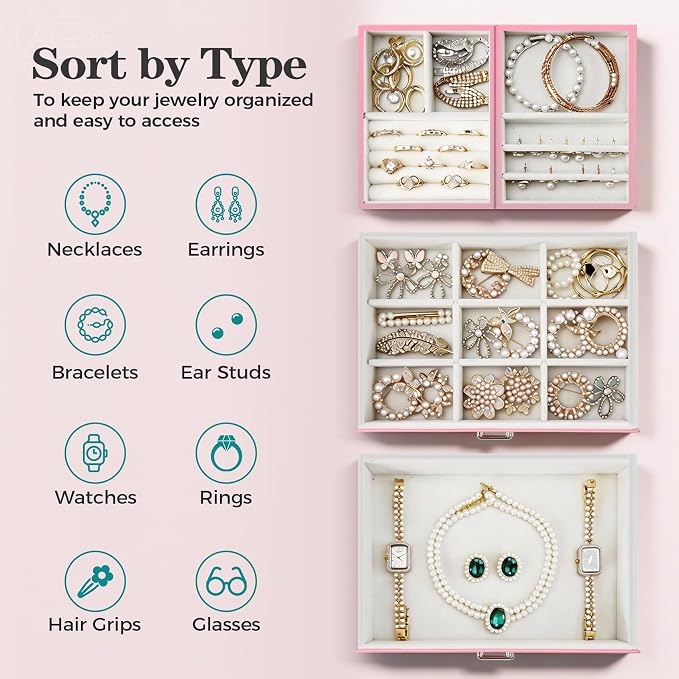 Jewelry Organizer Box, Large Jewelry Boxes for Women Girls, Space-Saving 3 Layers Jewelry Storage Case with Drawer, Gift Idea, Movable Metal Stand, Modern (Pink)