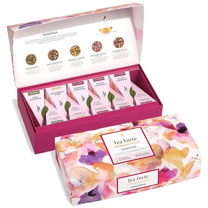 Tea Forte Premium Petite Presentation Box Gift Set Sampler, 10 Count, 2 of Each Blend Individually Wrapped Handcrafted Pyramid Infuser Bags, Mariposa