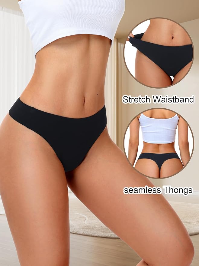 HONENNA Cotton Seamless No Show Thongs for Women, Smooth Front, Invisible Panty Liners Underwear, 1-2 Pack, Workout Panties