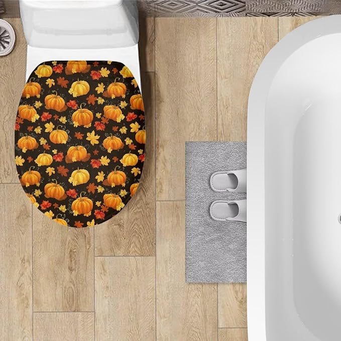 Toilet Lid Cover, Bathroom Decorative Flannel Soft Toilet Lid Cover, Bathroom Accessories Machine Washable Reusable-Pumpkins Maple Leaves