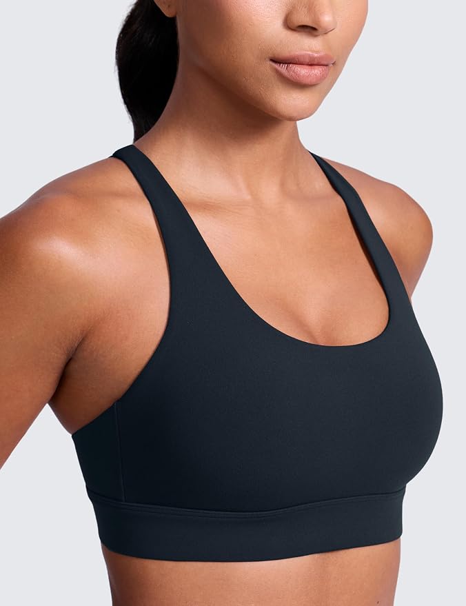 CRZ YOGA Butterlift Wide Criss Cross Straps Supportive Sports Bras for Women - Medium Impact Strappy Gym Padded Workout Top