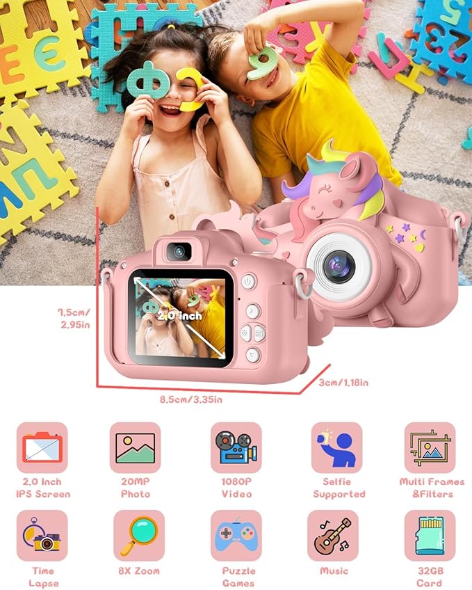 Kids Camera for 3-8 Years Old Toddlers Childrens Boys Girls Selfie Camera 20 MP HD 1080P IPS Screen Dual Digital Toy Camera for Kids Christmas Birthday Gifts with 32Gb Card