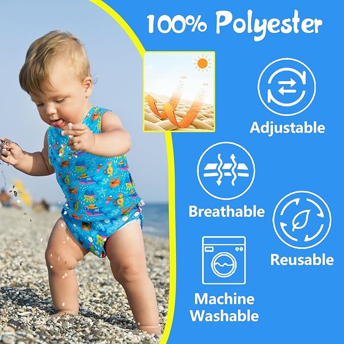 Babygoal Baby Boy Swim Diapers 3 Pack for 8M-3T Babies and Toddlers, Reusable Adjustable Washable for Swimming Lessons-Dinosaur,Shark,Fish