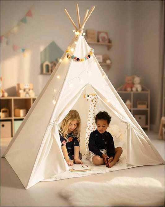 Playvibe Teepee Tent for Kids with LED Star Lights - Toddler Tent & Reading Corner for Kids, Playhouse Gift, Nursery Decor & Indoor Play, Winter Indoor Retreat Toy Fort for Toddler