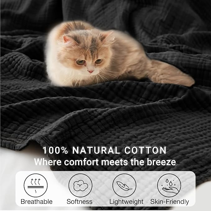 100% Cotton Muslin Blanket Twin 60" x 80", Breathable and Lightweight Cotton Twin Blankets for Couch, Soft Cooling Summer Gauze Blanket for Adults All Season, Black