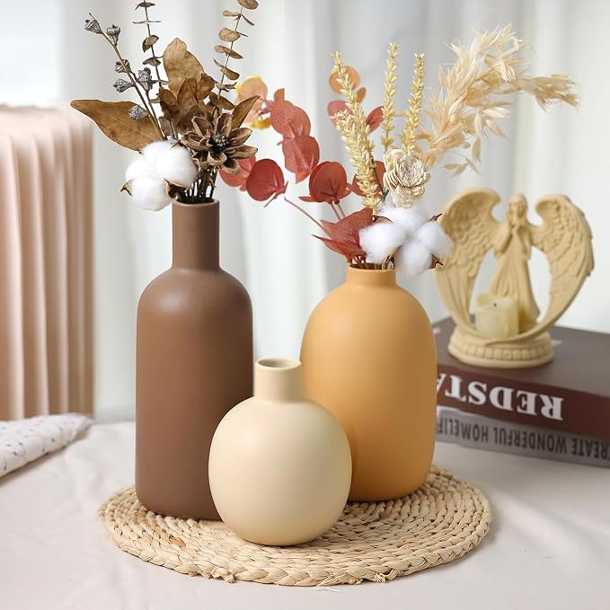 Large Ceramic Vase Set of 3, Brown Rustic Vases Home Decor Waterproof | Farmhouse Vases for Pampas Grass & Dried Flowers and Table Living Room Home Decor