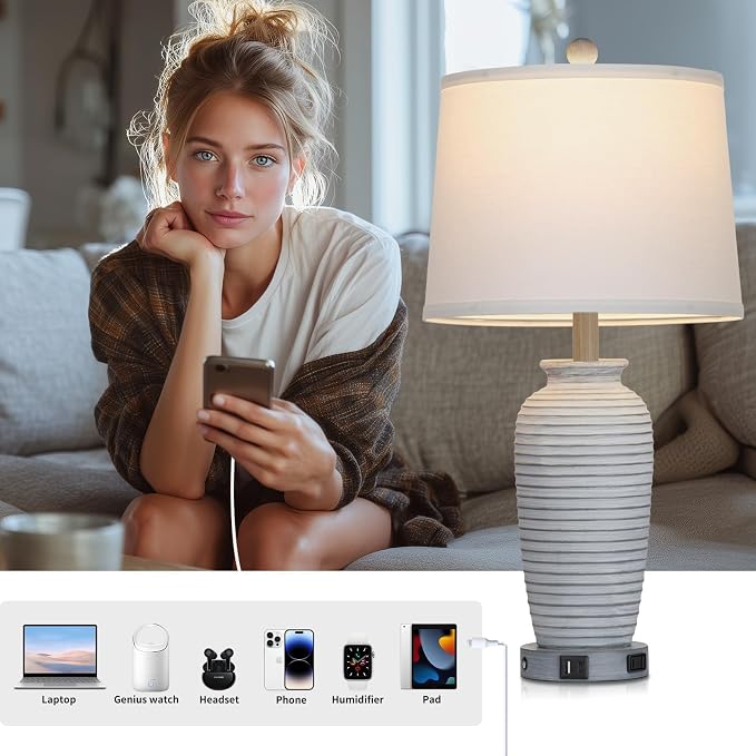 CINSARY 25" Vintage Farmhouse Jar Table Lamps, Single Rustic Bedside Lamp with USB A+C Ports & AC Outlet, Nightstand Lamps for Living Room, Bedroom, End Table, Grey White(LED Bulb Included)