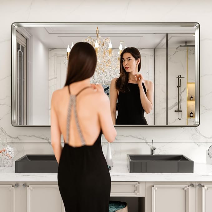 LOAAO 84X32 Inch Brushed Nickel Bathroom Mirror | Rounded Rectangle, Silver Metal Frame, Anti-Rust, Hangs Horizontally or Vertically, Tempered Glass