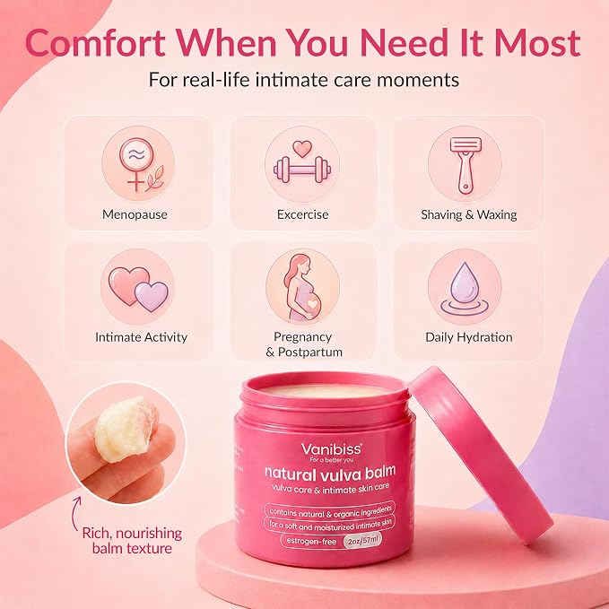 Vanibiss Natural Vulva Balm, Vulvar Moisturizer for Dryness, 2 oz | Estrogen-free vaginal moisturizer and pH balanced menopause cream for dryness, itching & irritation