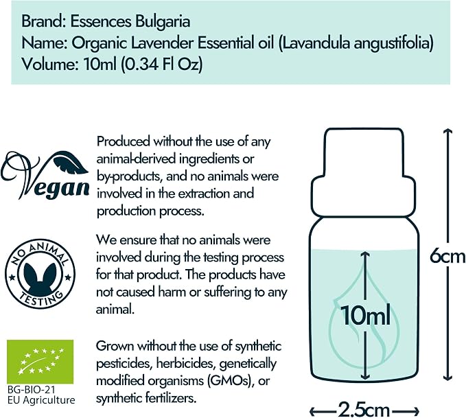 Essences Bulgaria Organic Lavender Essential Oil 1/3 Fl Oz | 10ml | Lavandula angustifolia | 100% Pure and Natural | Undiluted | Therapeutic Grade | Family Owned Farm | Steam-Distilled | Non-GMO