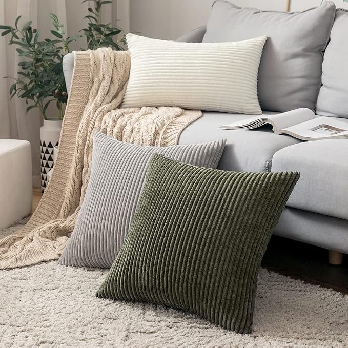 MIULEE Lumbar Corduroy Throw Pillow Covers Set of 2 12x20 Olive Green | Decorative Soft Striped Textured Cushion Cases, Boho Pillowcases for Home Decor, for Couch Chair Sofa Bed Living Room