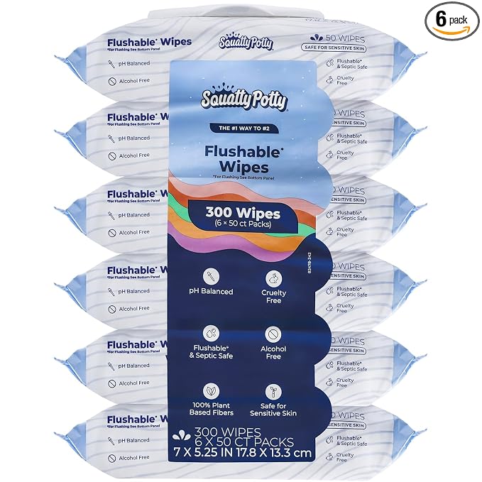 Squatty Potty Flushable Wipes - 6 Pack (300 Total Wipes) - 99% Water & Plant-Based - Green Tea, Cucumber & Aloe Spa Scent - pH Balanced - Septic Safe Adult Wet Wipes