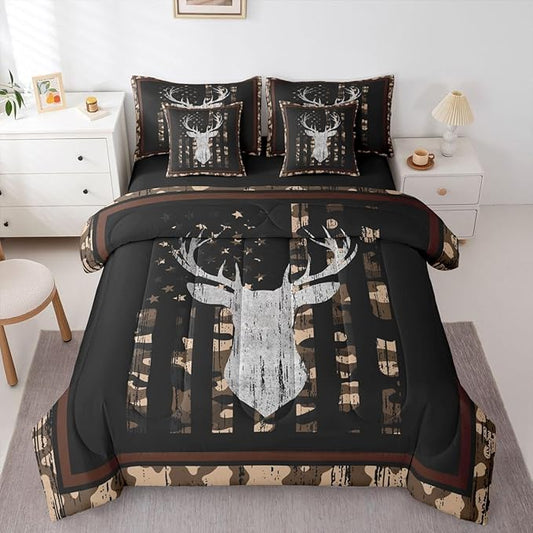 Feelyou Brown Deer Hunting Camo King Comforter Set with Sheets for Kids Boys Girls Camouflage Camo 7 Pieces Bedding Set American Flag Bed in a Bag Wild Animal Room Decor Soft Lightweight Microfiber
