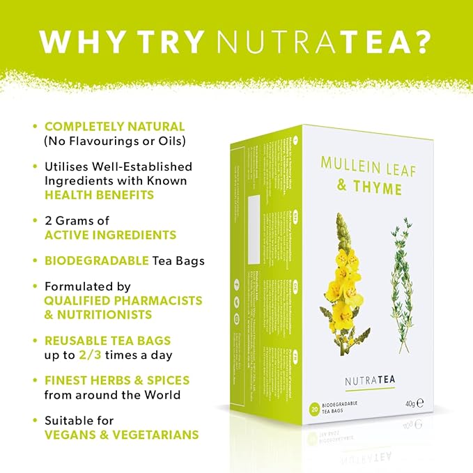 NutraTea - Mullein Leaf & Thyme Tea - Mullein Tea - Thyme Teabags For Lungs & Throat - 40 Individually Wrapped Bags - Herbal Infusion (2 Pack)
