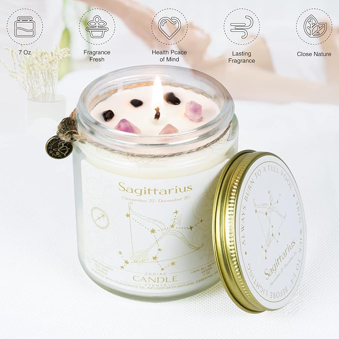 Zodiac Sign Candles, Zodiac Crystal Sign Candles,Astrology Scented Candles Best Friends Gifts for Women, Men Sister Brother Zodiac Funny Birthday Gift Candle Jar (Sagittarius)
