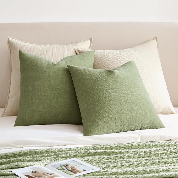 MIULEE Sage Green Chenille Couch Euro Throw Pillow Covers, 22x22 | Set of 2, Soft Modern Farmhouse Style, Decorative Pillowcases for Sofa Living Room Bed, Home Decor