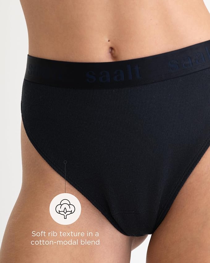 saalt Leakproof Cotton Rib High Rise Period Thong – Period Underwear, Light Absorbency, Replaces 1 Liner or 2 Light Tampons