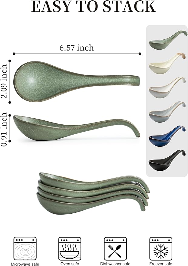 Asian Soup Spoon, Chinese Soup Spoons, Ramen Spoons, Japanese Ceramic Soup Spoon Set of 6,Thanksgiving Christmas Kitchen With Long Handle for Serving, Ramen, Pho, Noodles, Green