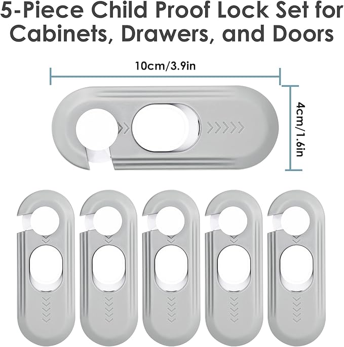 5 Pack Child Proof Refrigerator Lock, Baby Proofing Cabinet Locks, Oven Lock Child Safety. Adhesive Fridge Locks for Kids, Dishwasher, Cupboard, Closet Doors - No Drilling or Tools (Grey)