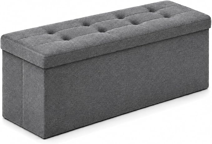ALASDO 43 Inch Folding Storage Ottoman Bench with Hidden Storage, PU Leather Ottoman Foot Rest Stool, End of Bed Bench for Bedroom, Living Room, Entryway and Closet, Grey